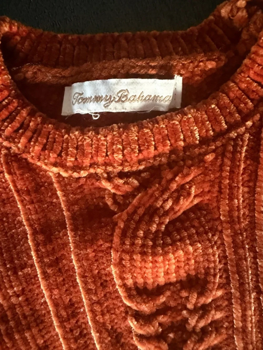 Tommy Bahama Kids Rust Orange Velvet Cable-Knit Sweater and plaid skirt